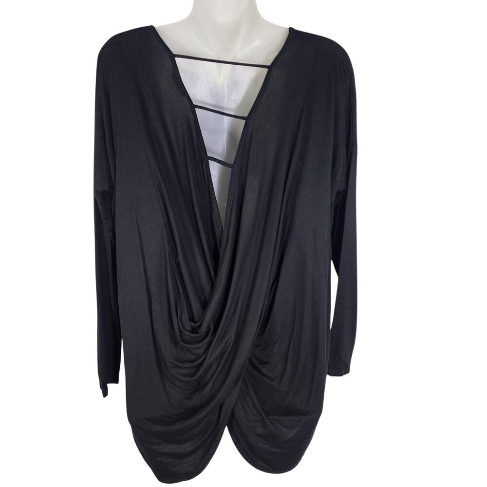 Plus Boutique Womens Knit Top Black Strappy Pleated Back 3/4 Sleeve Medium Goth